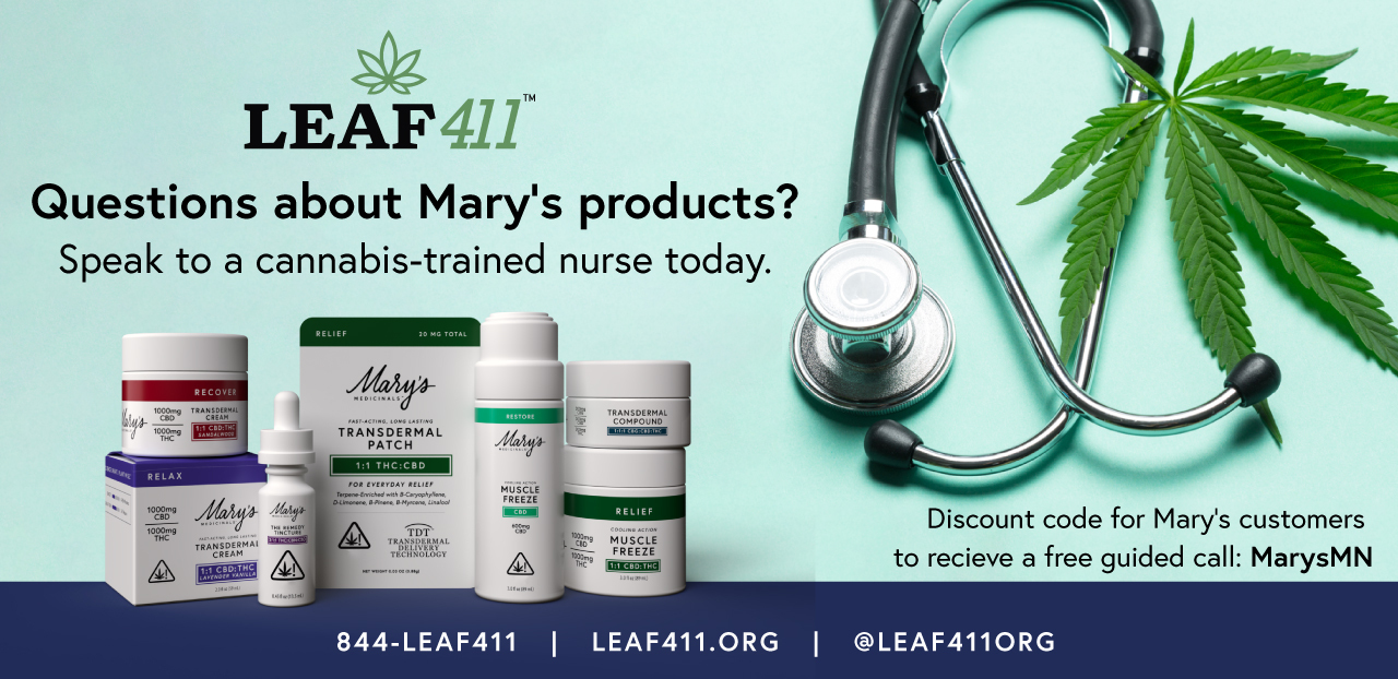 stethoscope with Mary's Medicinals Product line. Leaf 411 Logo with text saying "questions about Mary's Products? Speak to a cannabis trained nurse today. Discount code to receive a free guided call: MarysMN 844-LEAF-411 leaf411.org @leaf411