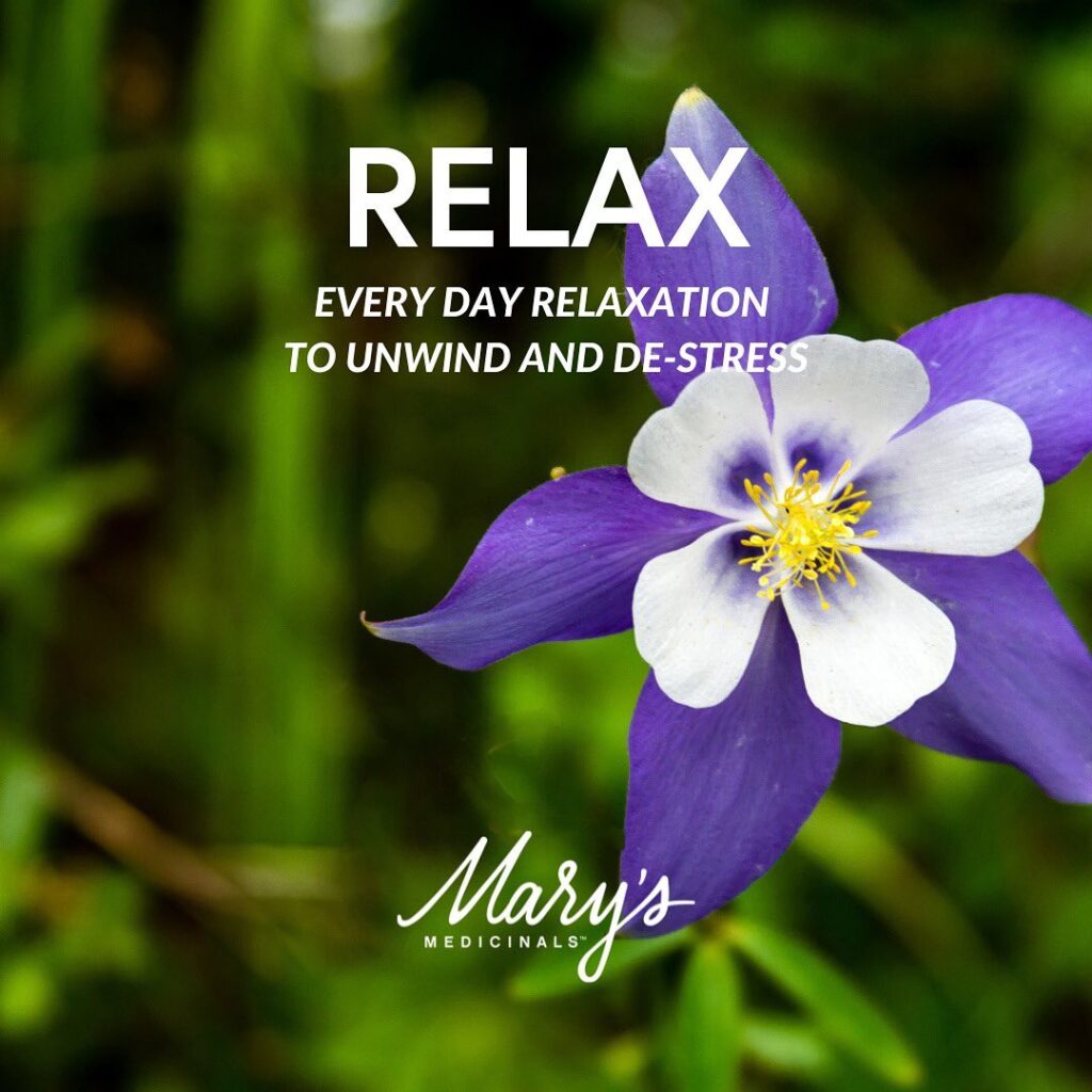 Columbine flower in a forest 
Text: RELAX - Everyday relaxation to unwind and de-stress