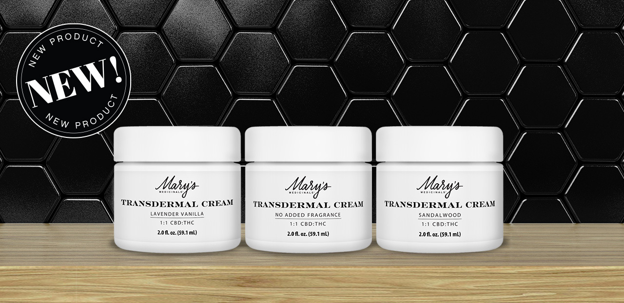 Mary's medicinals new transdermal creams. No fragrance added, Sandalwood, and Vanilla Lavender jars shown. Shown with new product button.