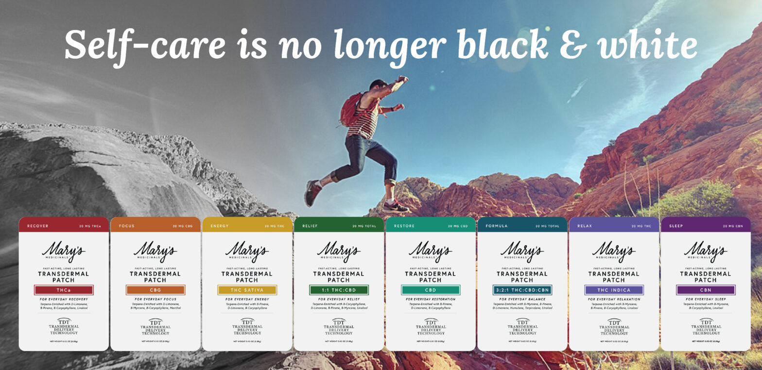 Mary's Medicinals New patch packaging full line over a half black and white half color photo of a person trail running up a red mountain with the words "Self Care is No Longer Black and White"