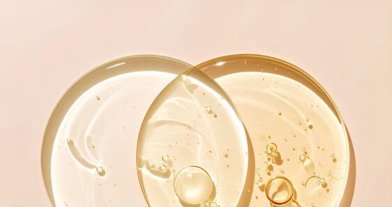 Skincare serums in petri dishes with bubbles