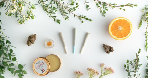 Cannabis products, balm, orange halves, flowers