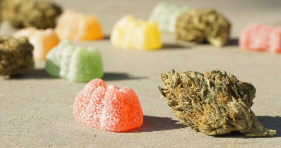 Colorful gummies and cannabis bud on surface